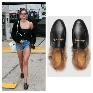 Gucci Size 37 Princetown fur black leather horse bit mules loafers Celebrity
